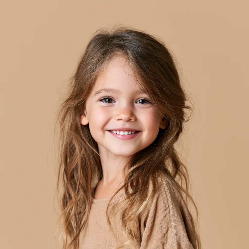 KI-generiertes Beispielbild: lachendes Mädchen, Studio-Portrait