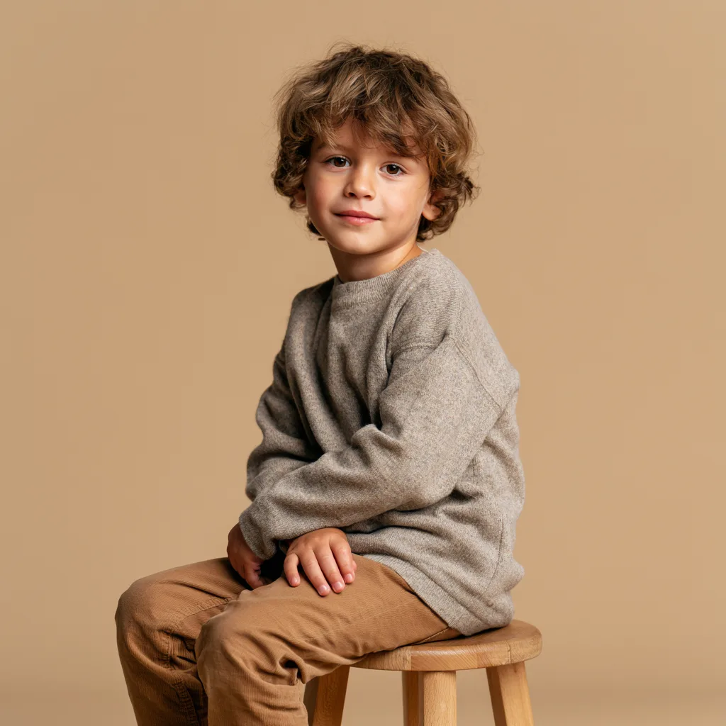 KI-generiertes Beispielbild: Studio-Portrait eines Kindes vor beigem Hintergrund